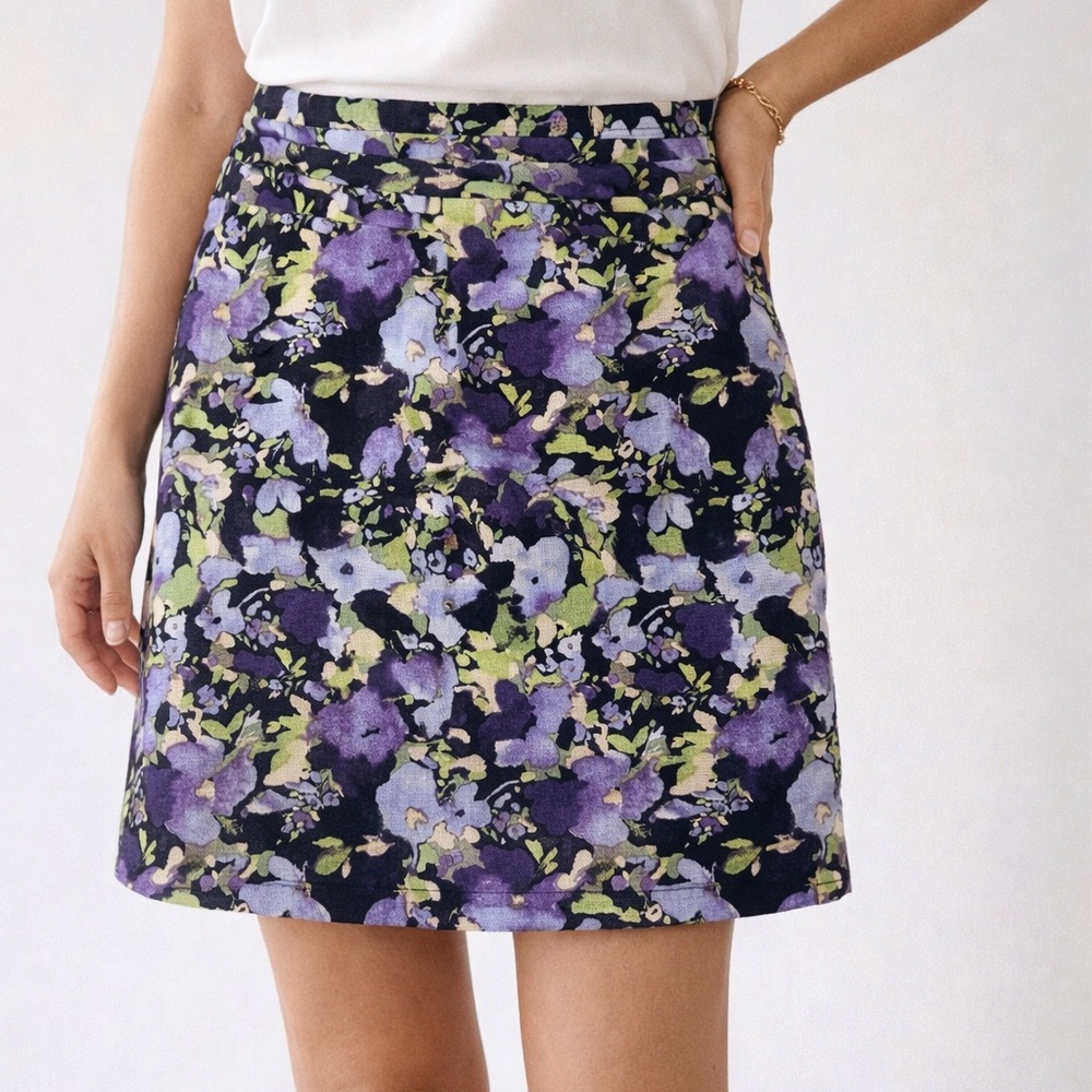 LOFT Julie Floral Mini Skirt Petite 10 Purple Watercolor A- Line Spring Workwear
